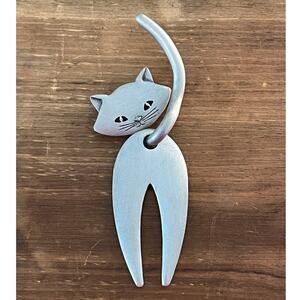 JJ Jonette Signed Articulated Cat Brooch Textured Silver Tone Figural Pin